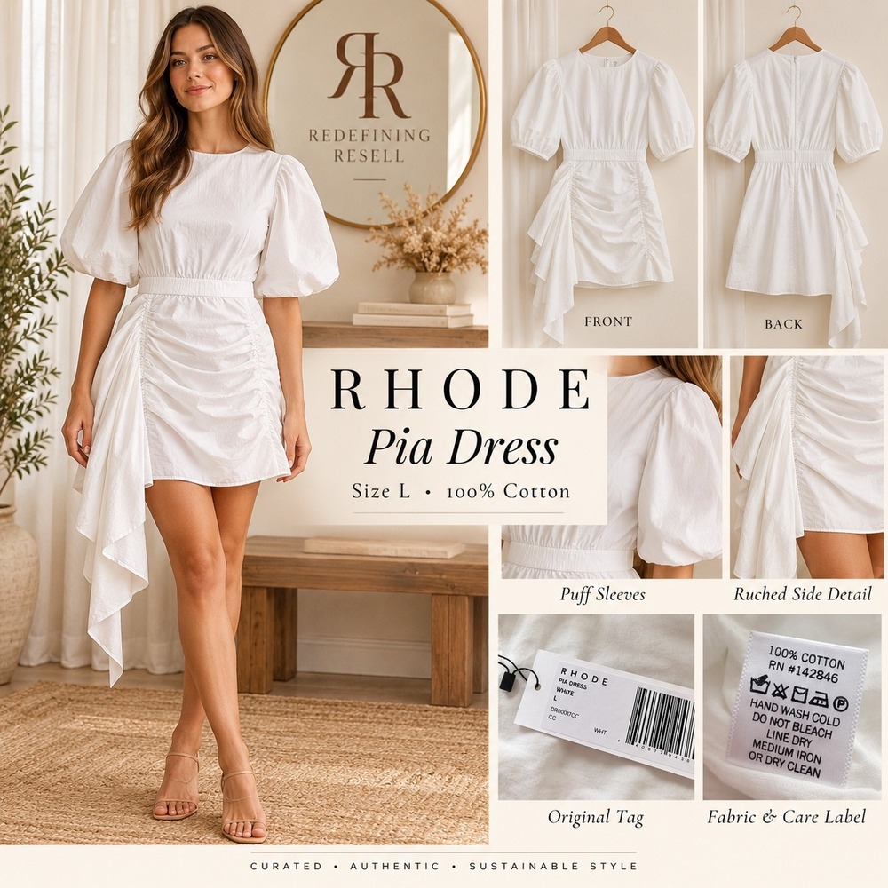Rhode Pia Dress White Cotton Puff Sleeve Ruched Mini Dress DR00017CC Size L NEW
